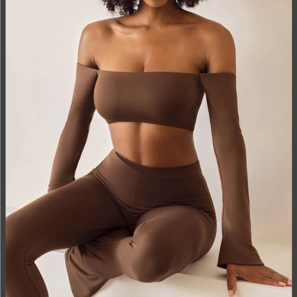 Oh Polly Long Sleeve Bardot Crop Top in Brown NWT